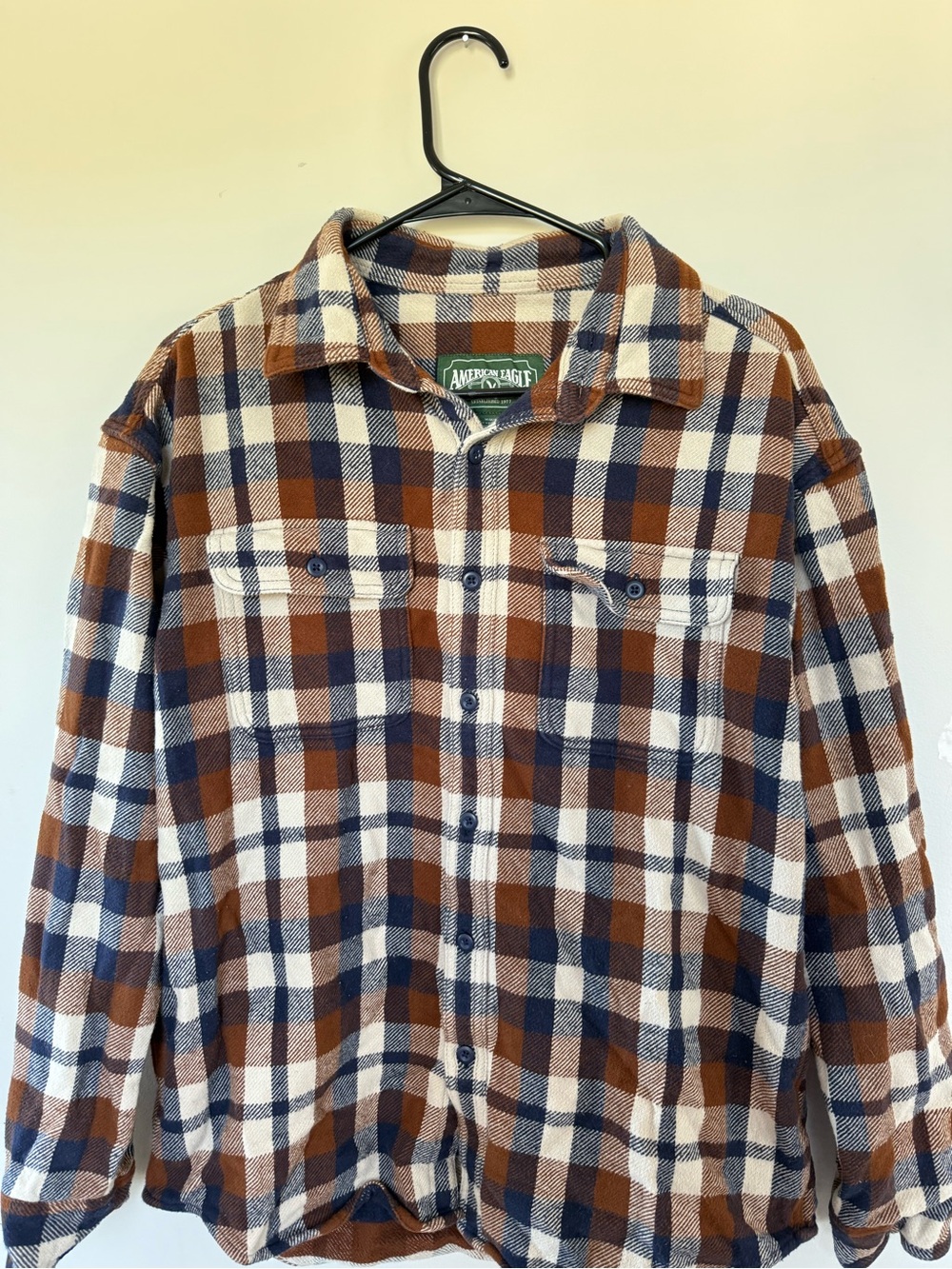 American Eagle Brown Navy Cream Plaid Flannel Button-Down Shirt Size Medium M